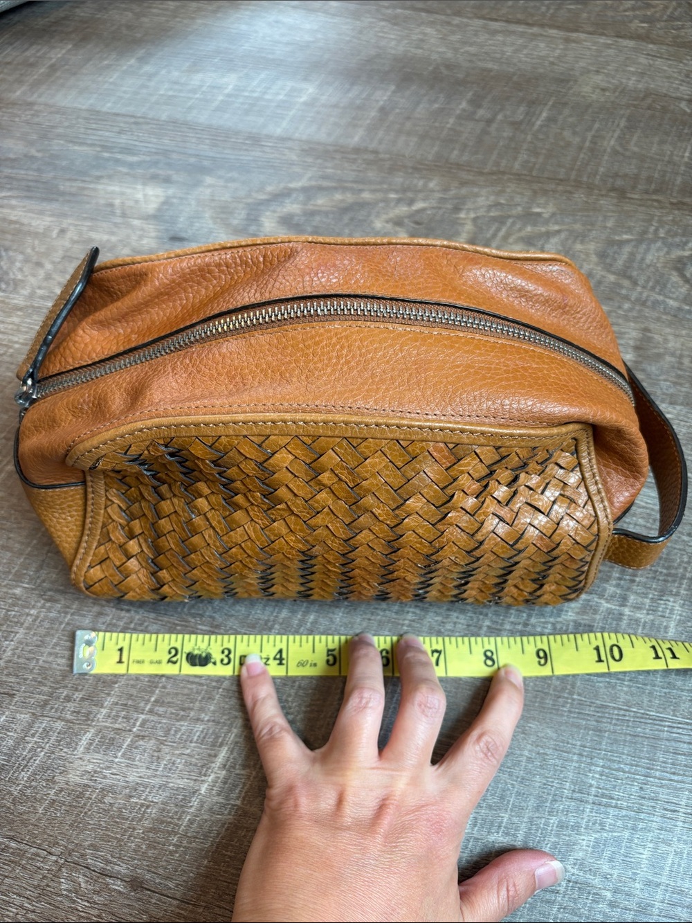 Cole Haan Tan Woven Leather Toiletry Bag Travel 10” - Picture 7 of 11